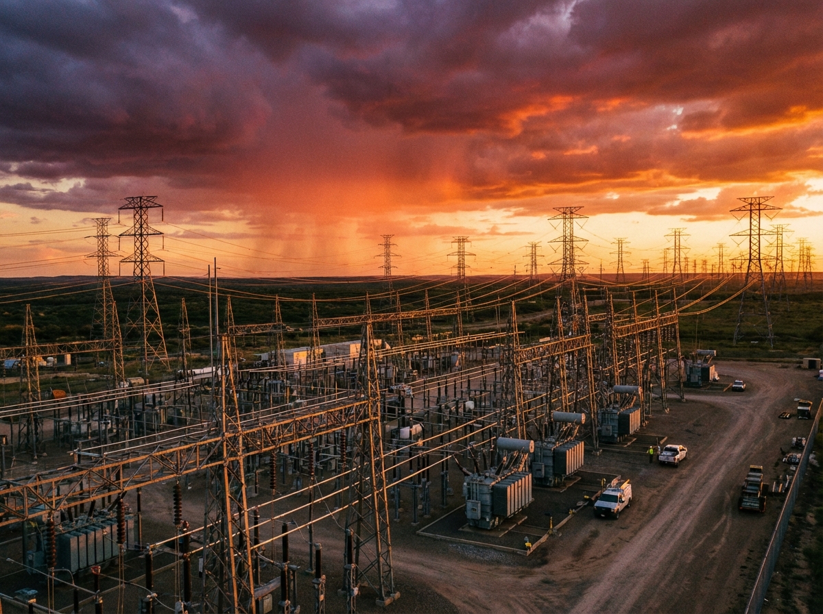 A wide shot of a massive electrical substation and power grid infrastructure under a dramatic sunset sky. High voltage power lines stretch into the horizon. Realistic and detailed composition. No text. 4:3