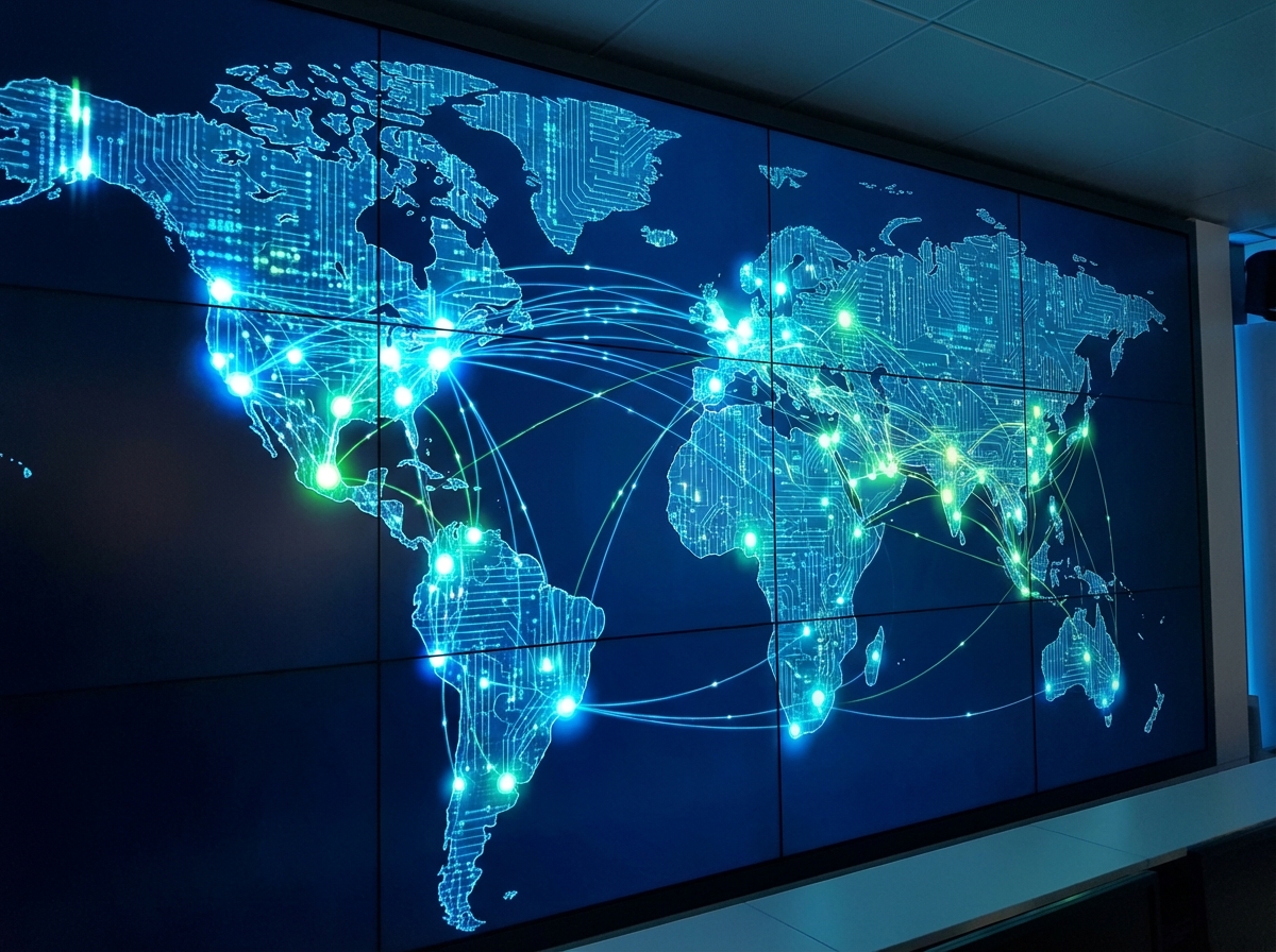 A digital screen showing a stylized world map with glowing nodes over North America, Europe, India, and the Middle East. Represents global tech investment and data center expansion. Modern infographic style. No text. 4:3