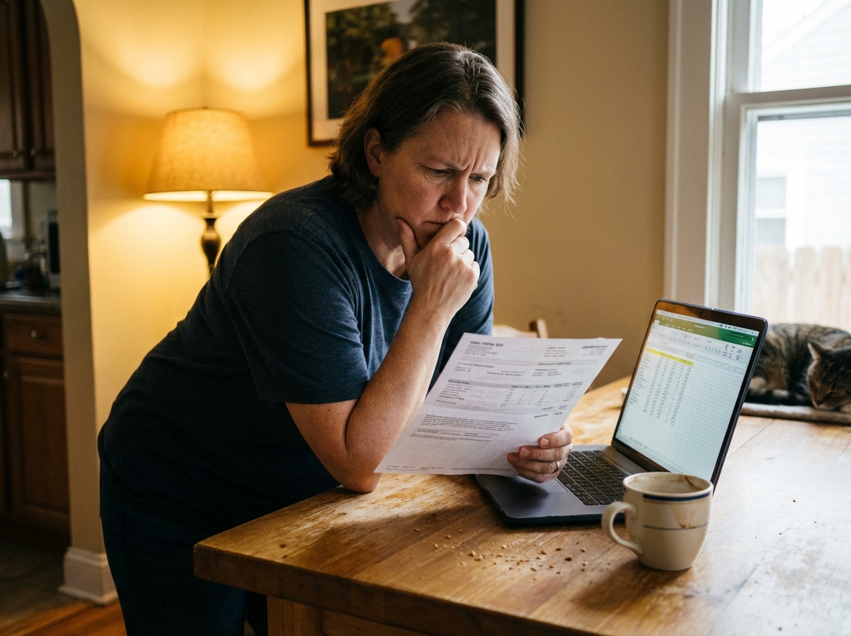 A realistic indoor shot of a person sitting at a wooden kitchen table, looking concerned while examining a paper utility bill. A laptop and a cup of coffee are nearby. Warm indoor lighting. No text. 4:3