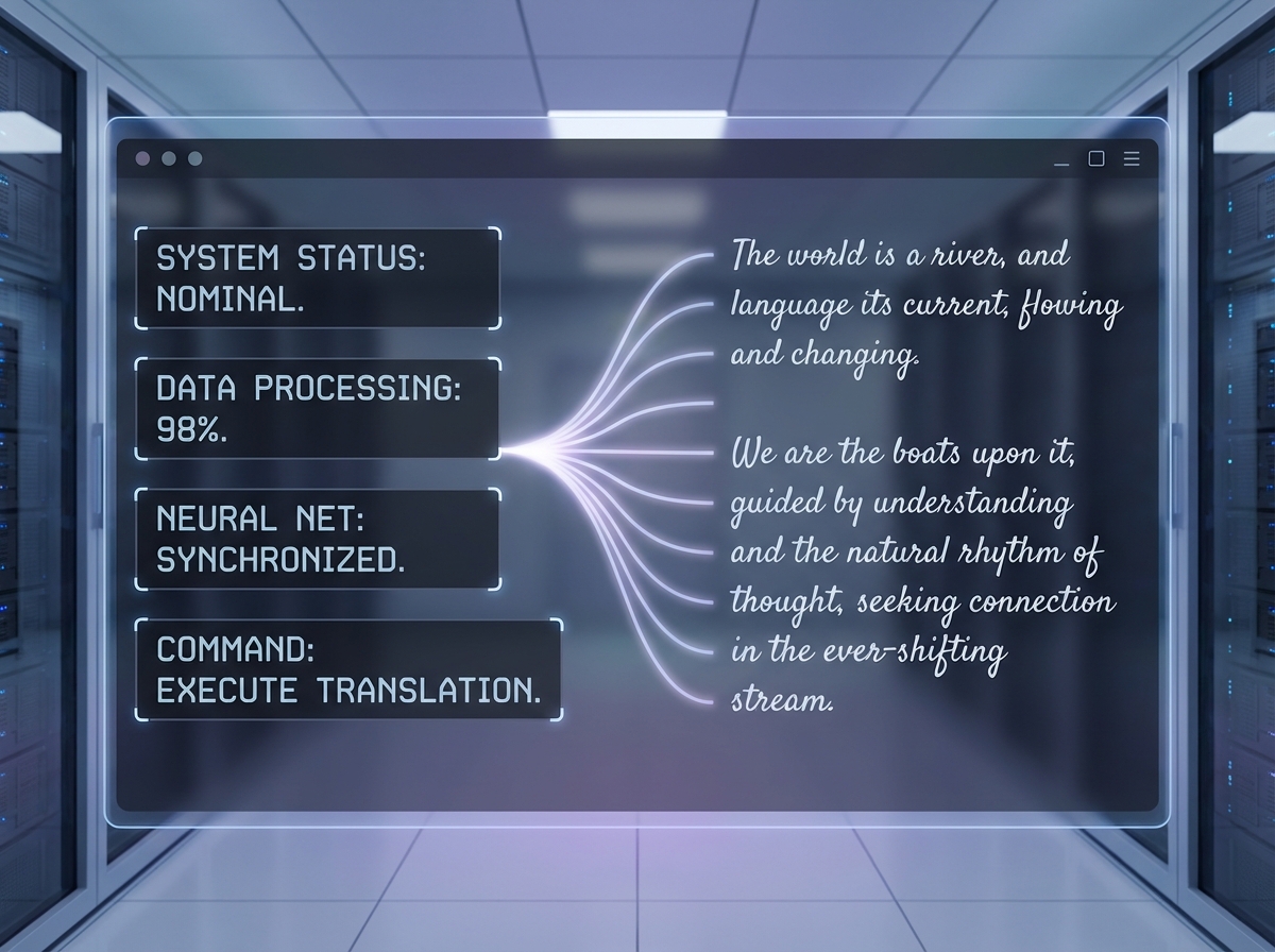 A futuristic computer interface showing a text editor. On one side, robotic and stiff text blocks, on the other side, flowing and natural paragraphs. A subtle glow connecting the two sides. Modern UI design, minimalist background, high-tech feel, soft ambient light. 4:3