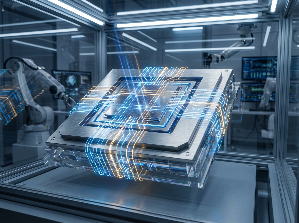 A futuristic optical AI processor chip with glowing light paths representing data flow, metallic textures, high-tech laboratory background, cinematic lighting, 4:3