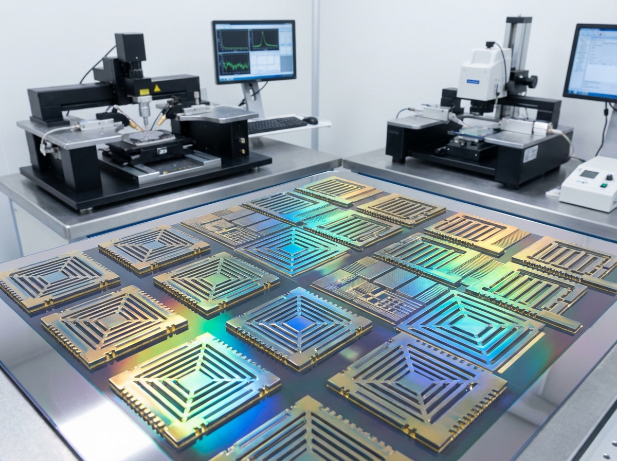 Microscopic view of intricate metasurface nanostructures, iridescent colors reflecting light, futuristic semiconductor design, clean laboratory aesthetic, 4:3