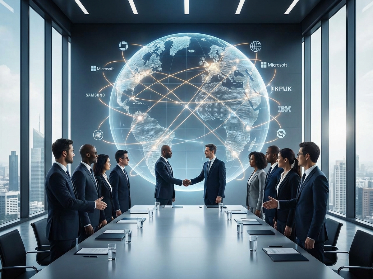 A professional business negotiation setting with a digital globe in the background, showing global connectivity and corporate partnership, modern office interior, high contrast, wide angle view, 4:3
