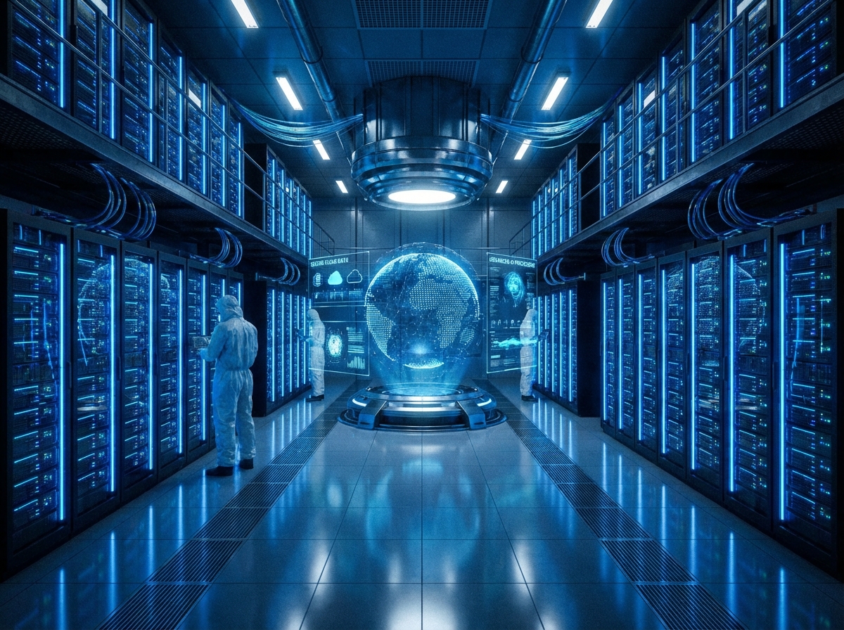 A futuristic server room with glowing blue lights, representing secure data storage and advanced cloud computing technology, clean and professional layout, high contrast, 4:3