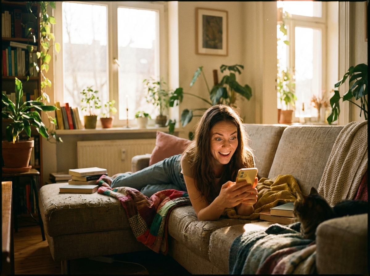 A person sitting in a cozy living room, looking at a smartphone screen with a curious and excited expression, warm natural lighting, lifestyle photography, 4:3