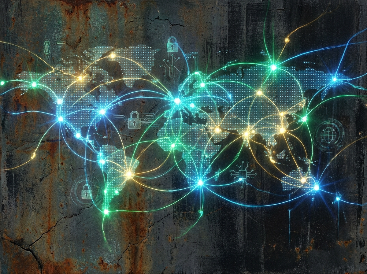 Artistic rendering of glowing digital lines connecting dots across a dark background, representing secure global communication and technology integration, textured background, 4:3