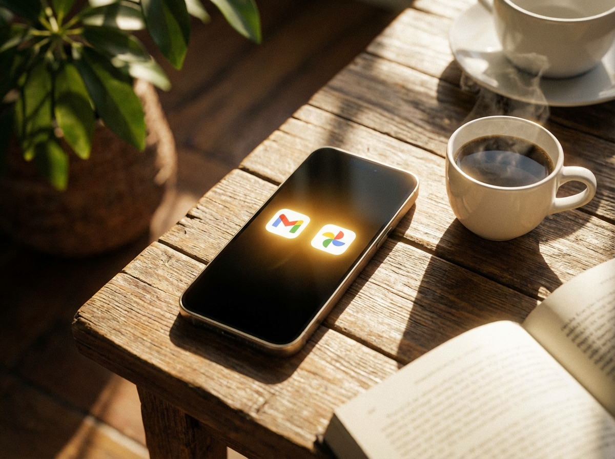A smartphone screen displaying icons of Gmail and Google Photos glowing with golden light, a warm and inviting lifestyle photography setting on a wooden table, natural sunlight, high contrast, 4:3