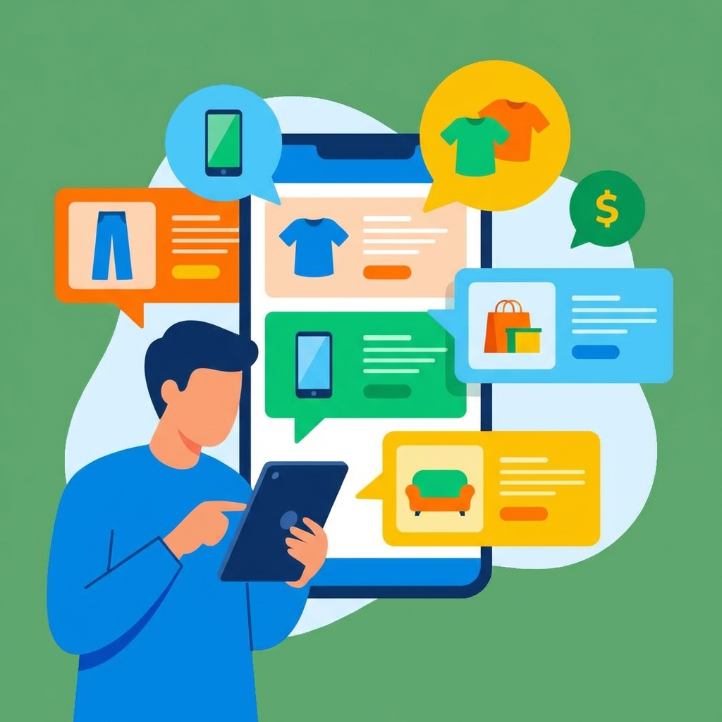 A professional digital illustration of a person browsing a shopping app with personalized recommendations popping up, vibrant colors, clean vector style, modern layout, no text, 1:1