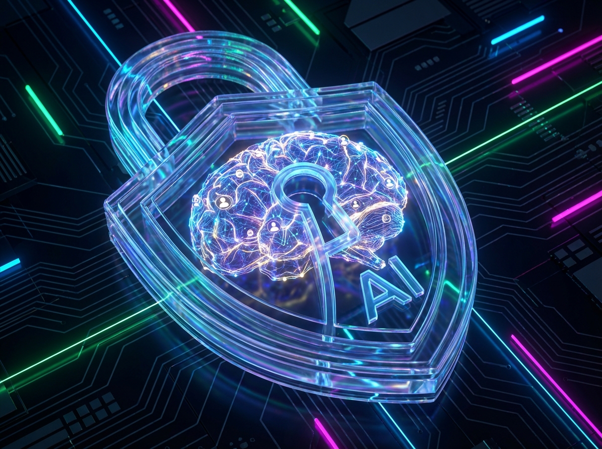 An abstract composition representing data security and personalized AI, a glowing neural network inside a translucent shield, dark background with neon accents, high-quality digital art, 4:3