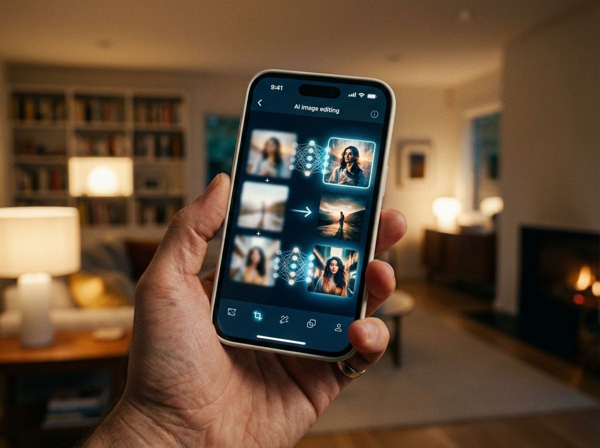 A high-resolution close-up of a person's hand holding a modern smartphone. The screen displays a sophisticated AI image editing interface with blurred photos being transformed. The background is a soft-focus modern living room with warm ambient lighting. No text on screen. 4:3