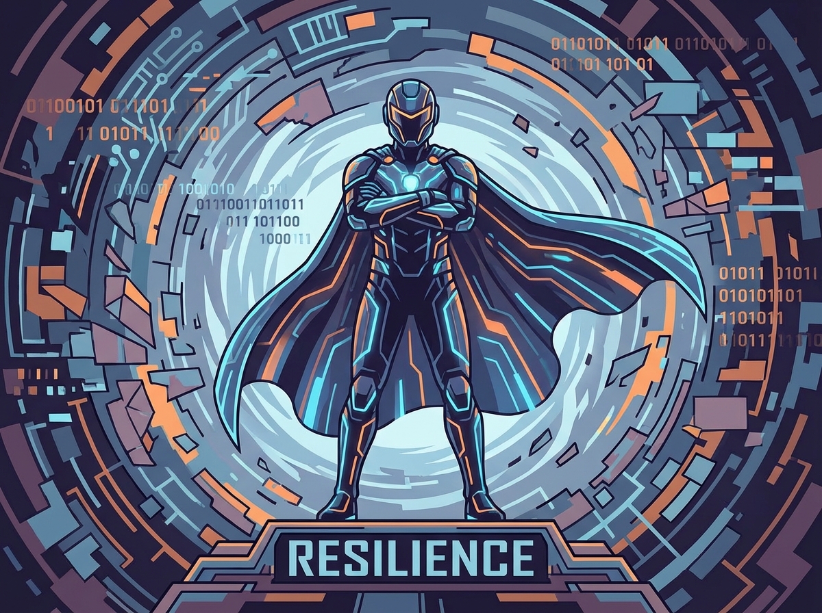 A conceptual illustration of a futuristic tech leader figure standing firmly against a backdrop of chaotic digital noise and fragmented data streams. The lighting is dramatic, with blue and orange highlights. The composition is centered and powerful, evoking a sense of stubborn defiance. 4:3