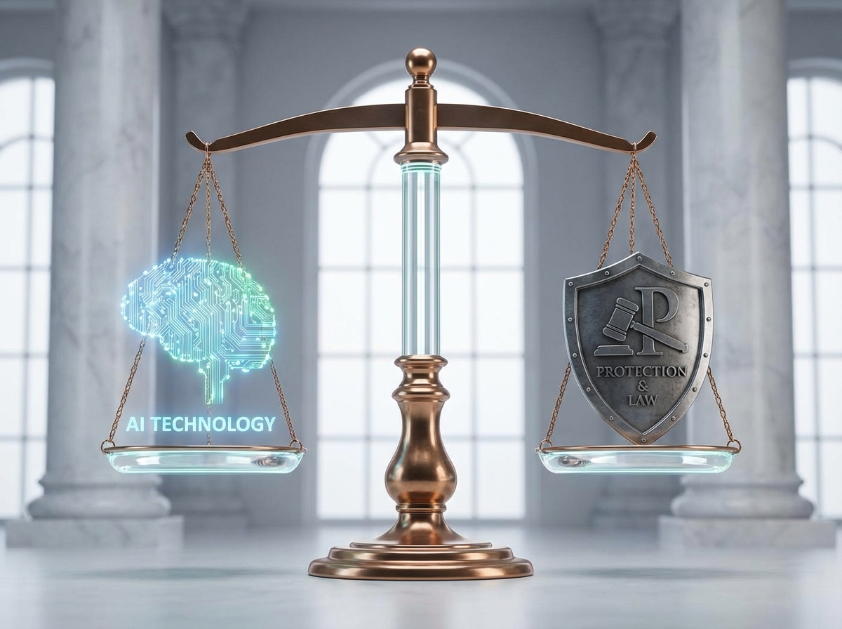 A symbolic 3D rendering of the scales of justice. On one scale sits a glowing digital brain representing AI technology, and on the other scale sits a sturdy metallic shield representing protection and law. The background is a clean, modern courtroom aesthetic with soft marble textures. 4:3