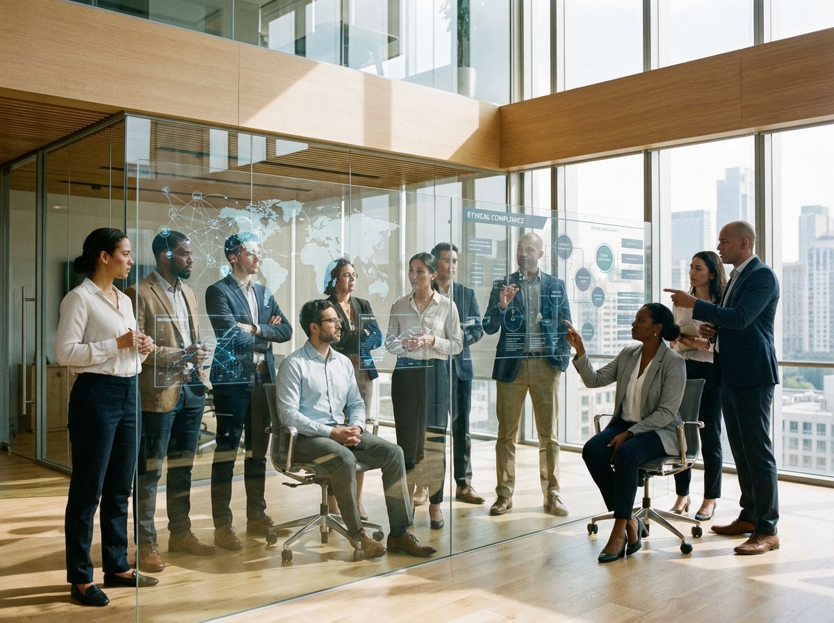 A group of diverse professional regulators and tech ethicists in a modern, brightly lit office. They are looking at large, transparent glass screens displaying complex data networks and digital maps. The atmosphere is serious and focused, with a clean architectural design. 4:3