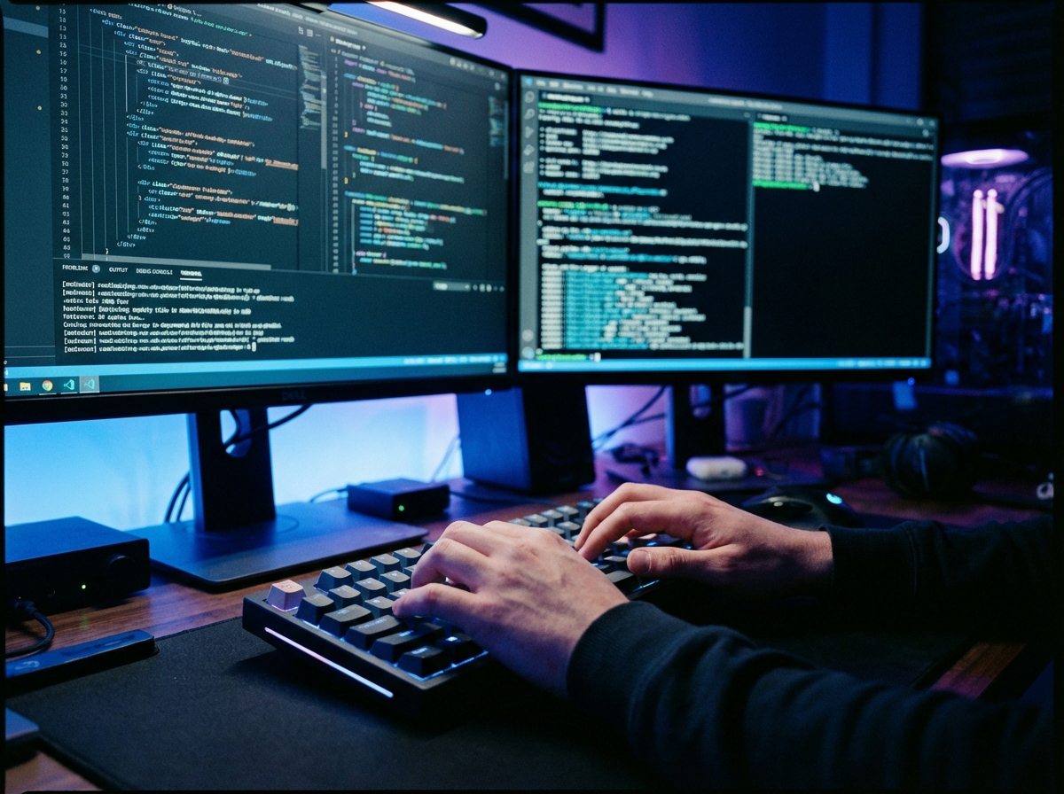 Close-up of a software developer's hands typing on a mechanical keyboard in a dimly lit room with blue and purple ambient lighting. Two high-resolution monitors in the background showing complex lines of code and terminal windows. Realistic photography style. 4:3 aspect ratio.