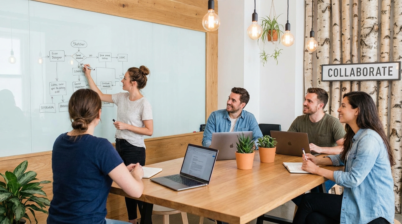 A diverse team of designers and managers in a bright, minimalist meeting room. One person is drawing a flowchart on a glass whiteboard while others look on with interest. Modern interior design, warm wooden accents, creative startup vibe. 16:9 aspect ratio.