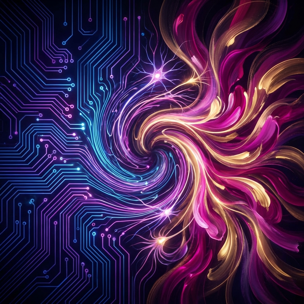 An abstract representation of artificial intelligence merging with human creativity. Glowing circuits transitioning into organic shapes and soft light. Vibrant colors like deep blue, magenta, and gold. Artistic and futuristic composition. 1:1 aspect ratio.