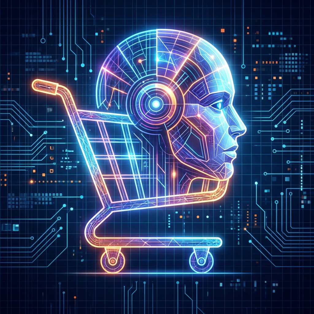 A clean infographic showing a stylized AI robot head integrated with a shopping cart, digital grid background, high contrast, modern layout, no text, 1:1.