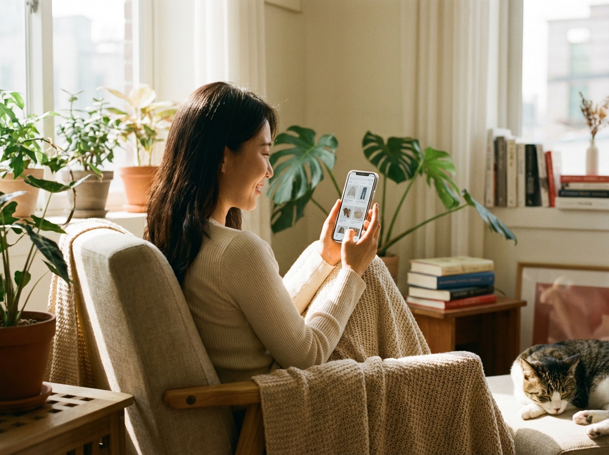 Lifestyle photography of a person holding a smartphone and looking at a shopping app, warm lighting, natural indoor setting, Korean female, cozy atmosphere, no text, 4:3.