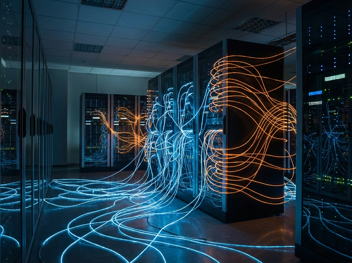A modern server room with glowing blue and orange data lines, representing web crawling and AI agents, cinematic lighting, high tech aesthetic, no text, 4:3.