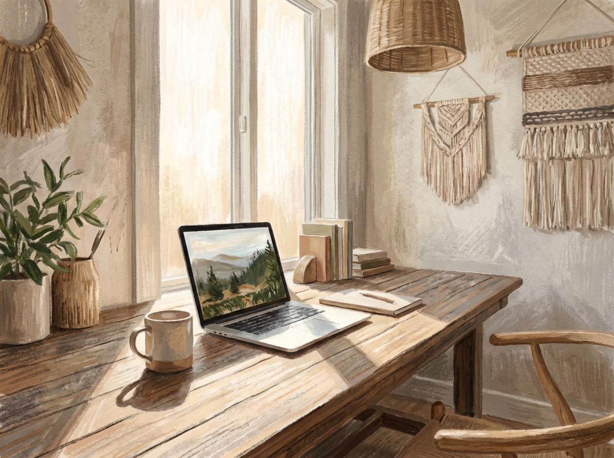 An artistic rendering of a modern home office with a laptop open on a wooden desk, soft sunlight through the window, textured background, calm and peaceful mood, no text, 4:3.