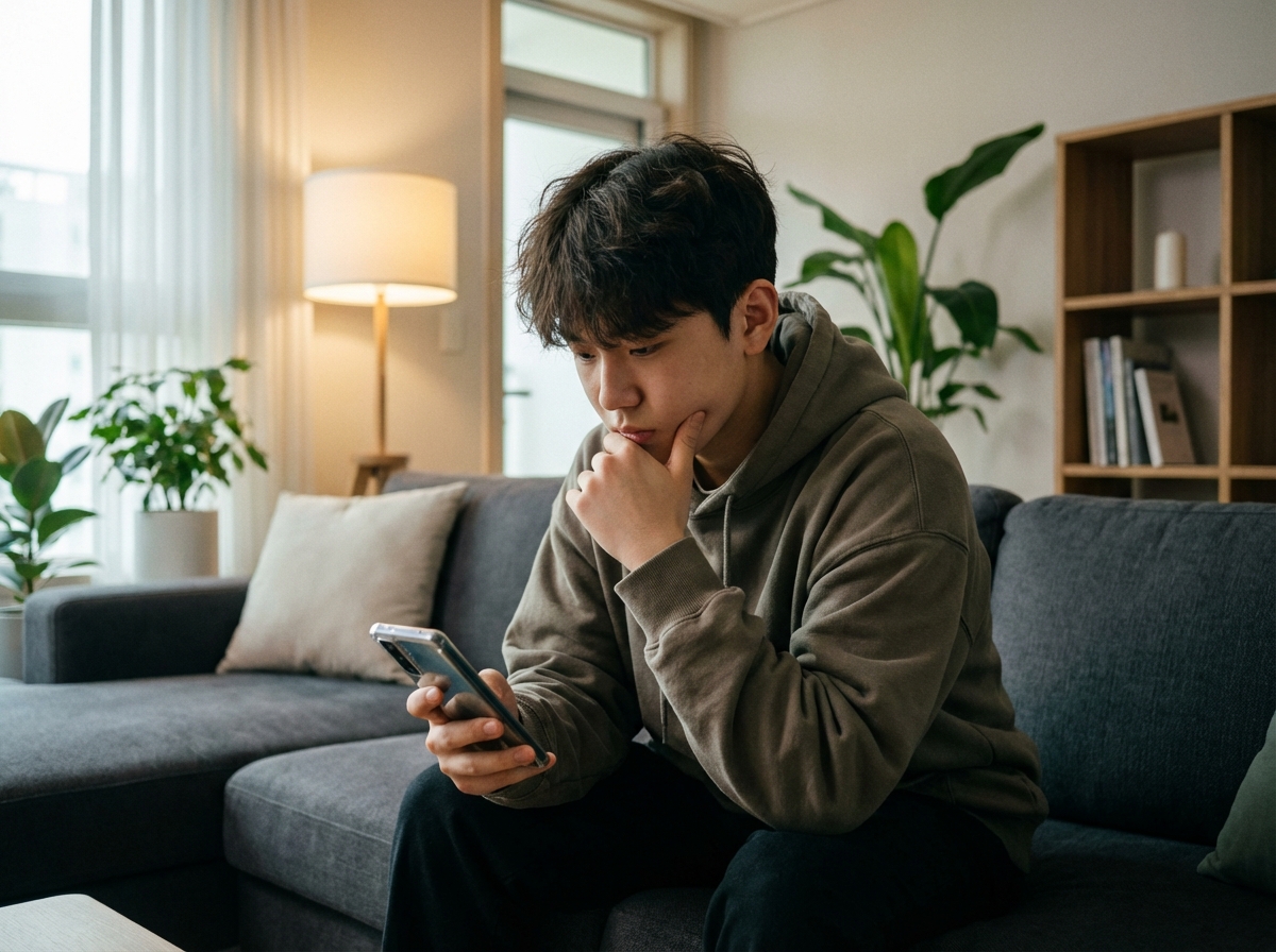 A Korean teenager sitting on a sofa looking thoughtfully at a smartphone screen, soft indoor lighting, modern living room background, high quality photography, 4:3
