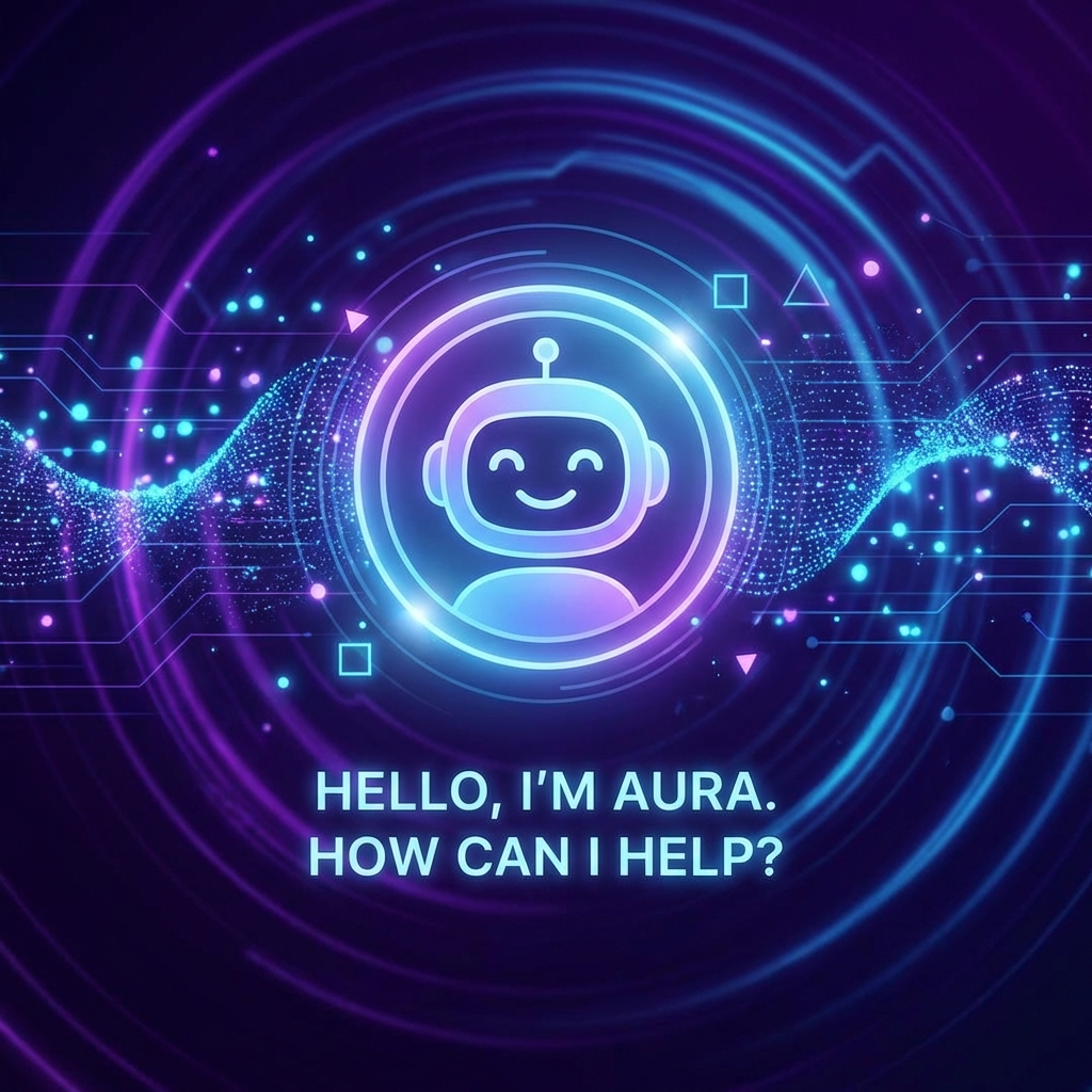 A futuristic digital interface showing a friendly AI chatbot icon, soft glowing blue and purple tones, abstract background with data particles, high contrast, 1:1