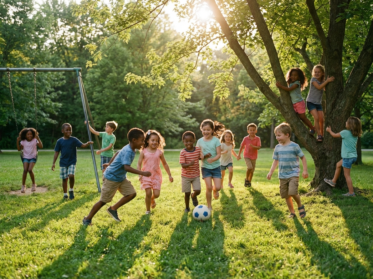 A group of diverse children playing happily in a green park, bright sunlight, natural colors, lifestyle photography, 4:3