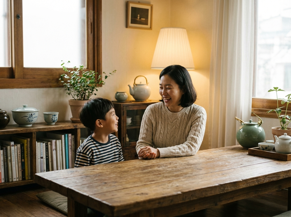 A Korean parent and a young child sitting at a wooden table talking warmly, soft warm lighting, cozy home atmosphere, high quality photography, 4:3