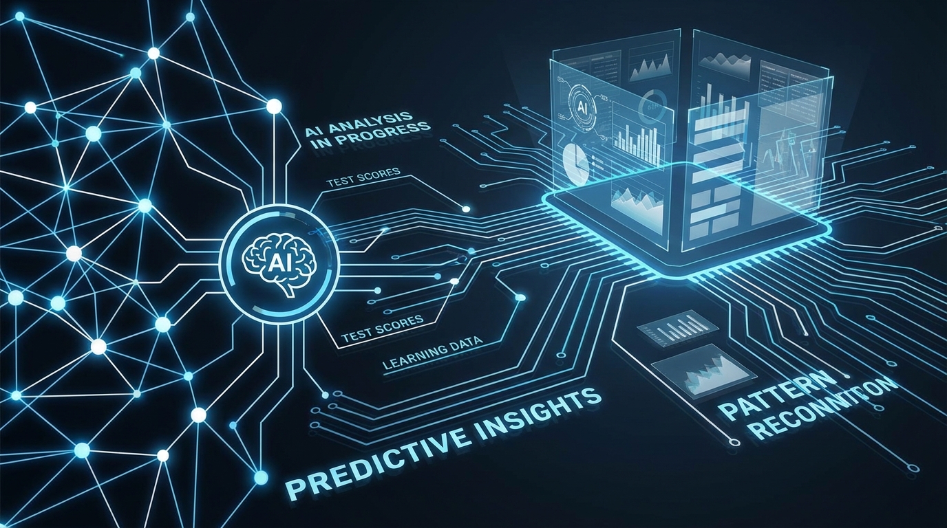 A clean and modern infographic-style visualization of AI analyzing test scores and data. Glowing blue and white lines connecting nodes, representing neural networks. Professional and high-tech feel, high contrast, 16:9 aspect ratio.