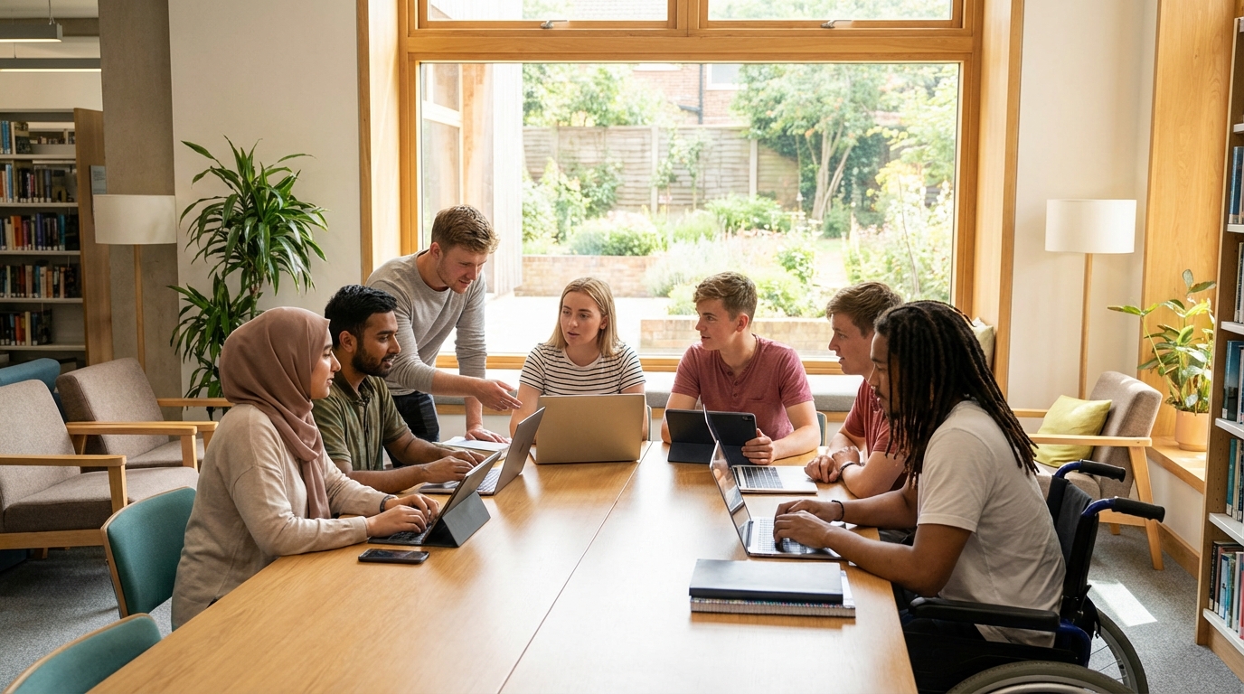 A group of diverse young students in a bright, modern library setting using tablets and laptops. They are discussing and looking at screens with focused expressions. Warm lighting, natural environment, 16:9 aspect ratio.