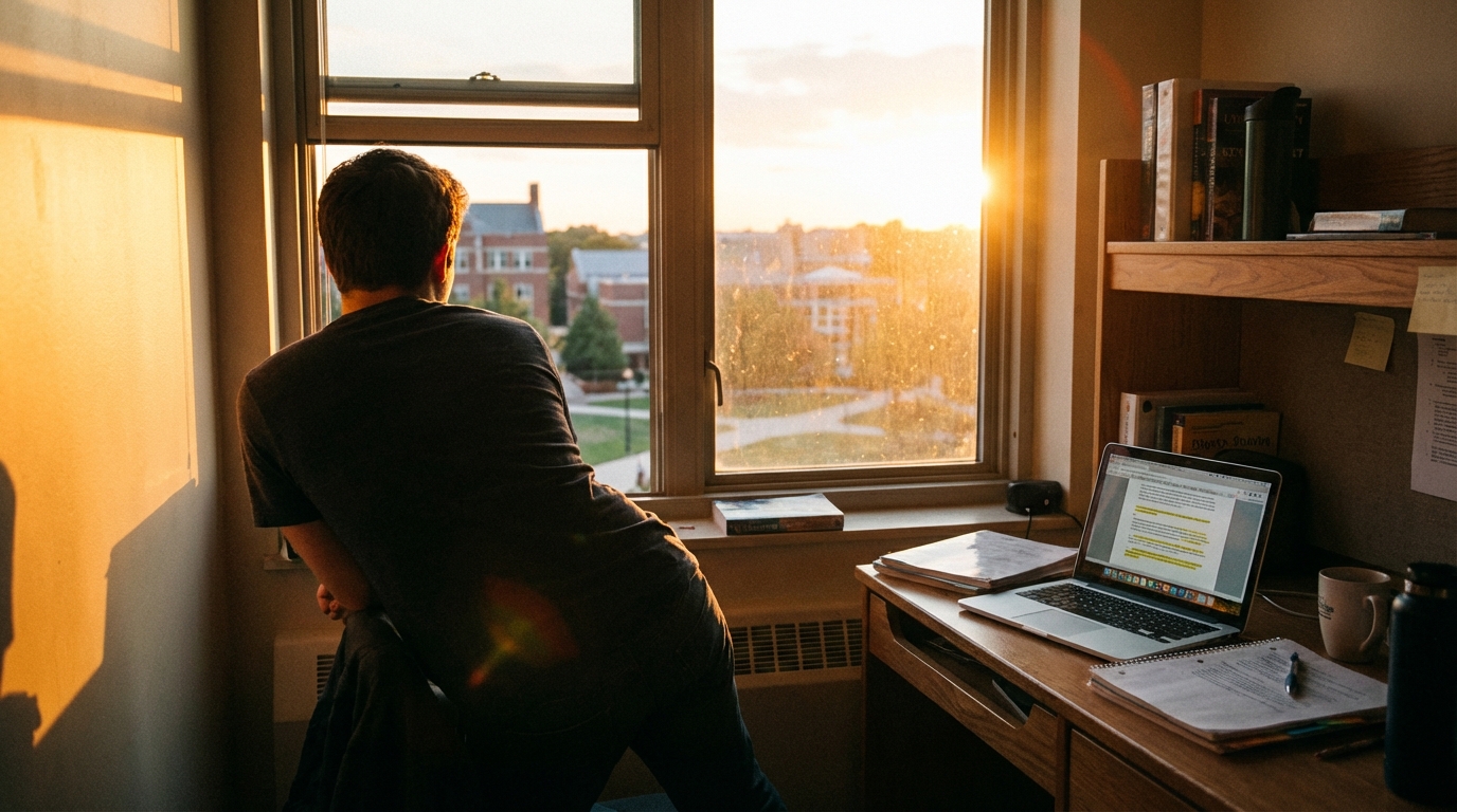 Rear view of a student looking out of a window after a study session. The golden hour sunset light fills the room, casting long shadows. A laptop is open on the desk next to the student. Atmospheric and peaceful, 16:9 aspect ratio.