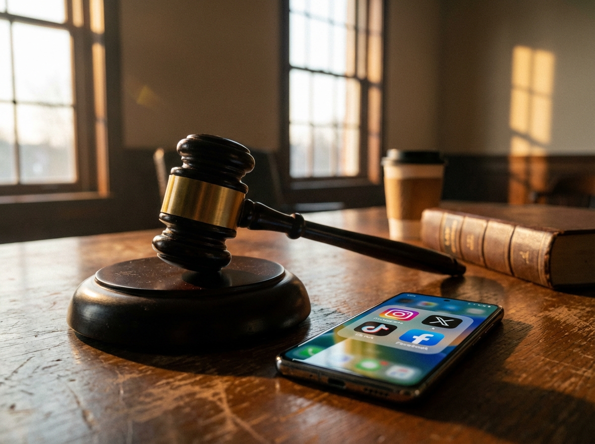 A professional courtroom gavel resting on a wooden desk next to a modern smartphone showing social media app icons, cinematic lighting, 4:3