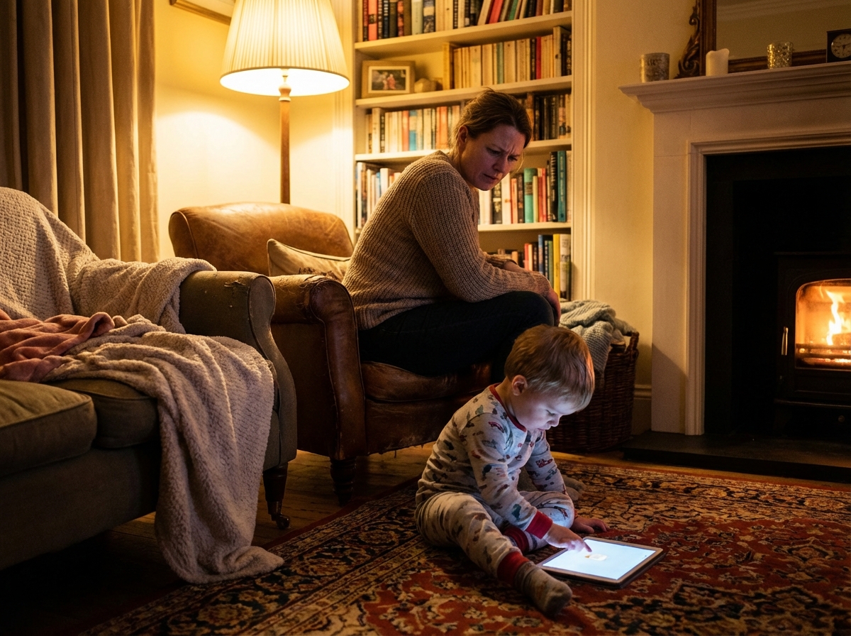 A concerned parent watching their young child using a tablet in a cozy living room, warm and natural lighting, 4:3