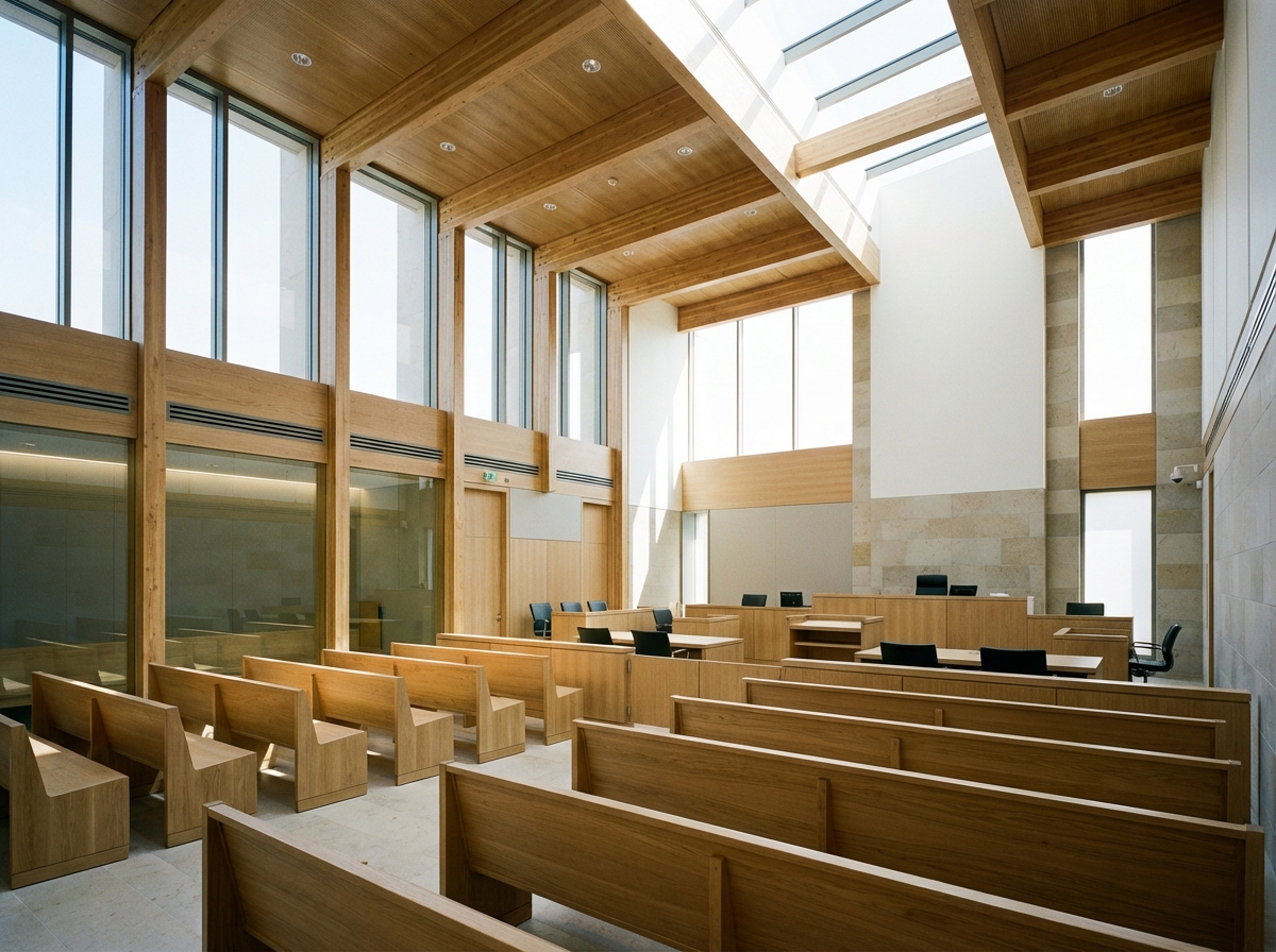 Inside a modern and bright courtroom with wooden benches and a high ceiling, wide angle view, no people, 4:3