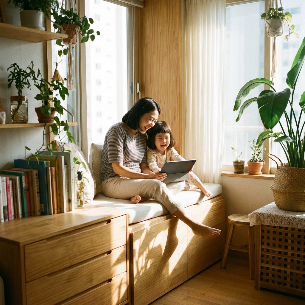 A happy Korean child sitting with a parent and looking at a tablet together in a sunny room, lifestyle photography, 1:1