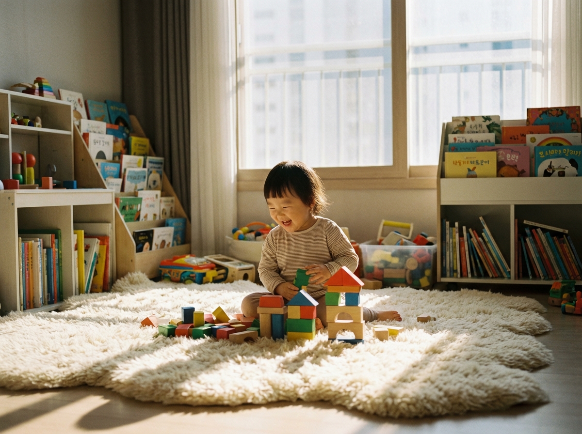A Korean toddler sitting on a soft cream-colored rug, happily playing with colorful wooden building blocks. Warm natural sunlight filters through a window. The room is filled with picture books and toys. Cinematic lighting, realistic photography, high resolution. 4:3