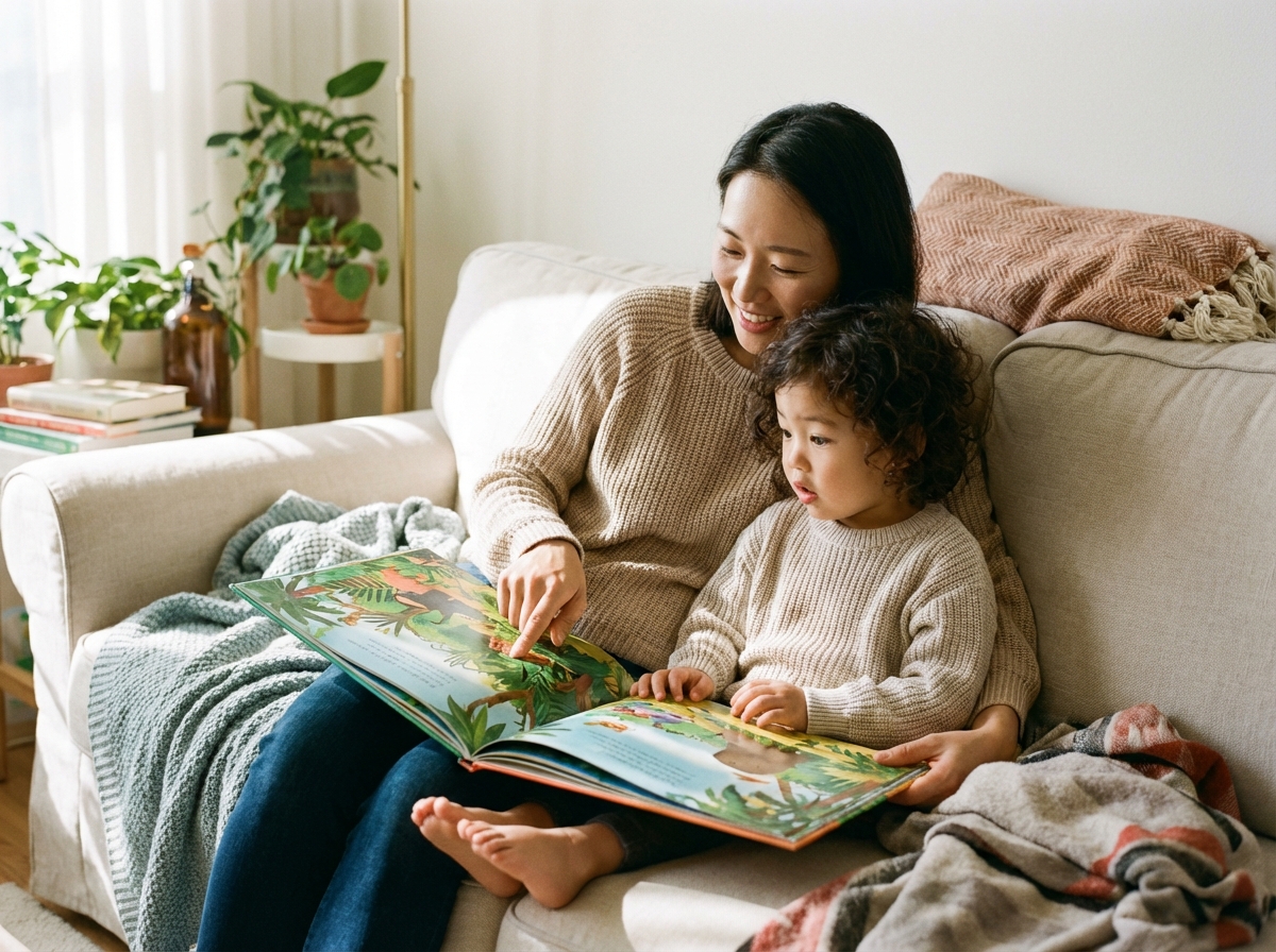 A Korean mother and her 3-year-old child sitting on a sofa, reading a large colorful picture book together. The mother is pointing at the illustrations, and the child is looking with curiosity. Warm and cozy domestic atmosphere. Realistic lifestyle photography. 4:3