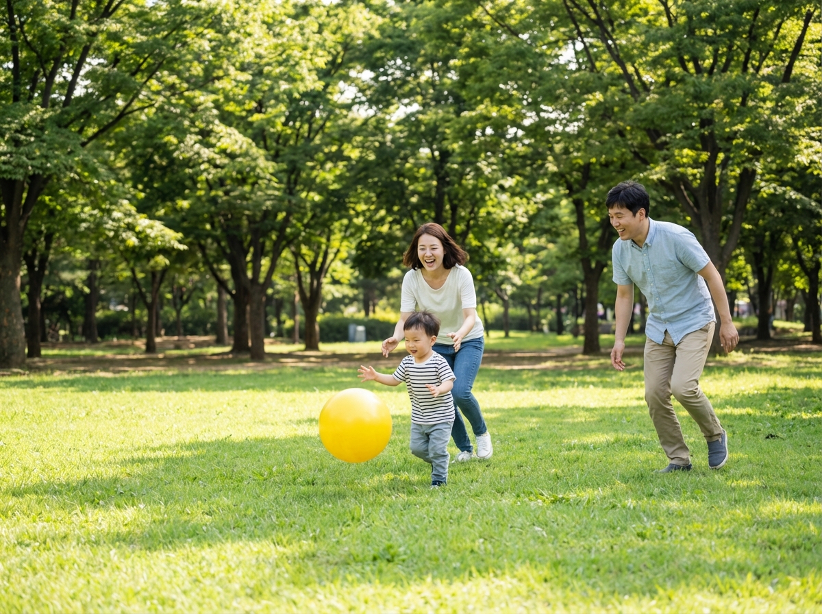A happy Korean family with a toddler playing with a bright yellow ball in a lush green park. The sun is shining, and there are trees in the background. High energy, joyful atmosphere. Realistic outdoor photography. 4:3