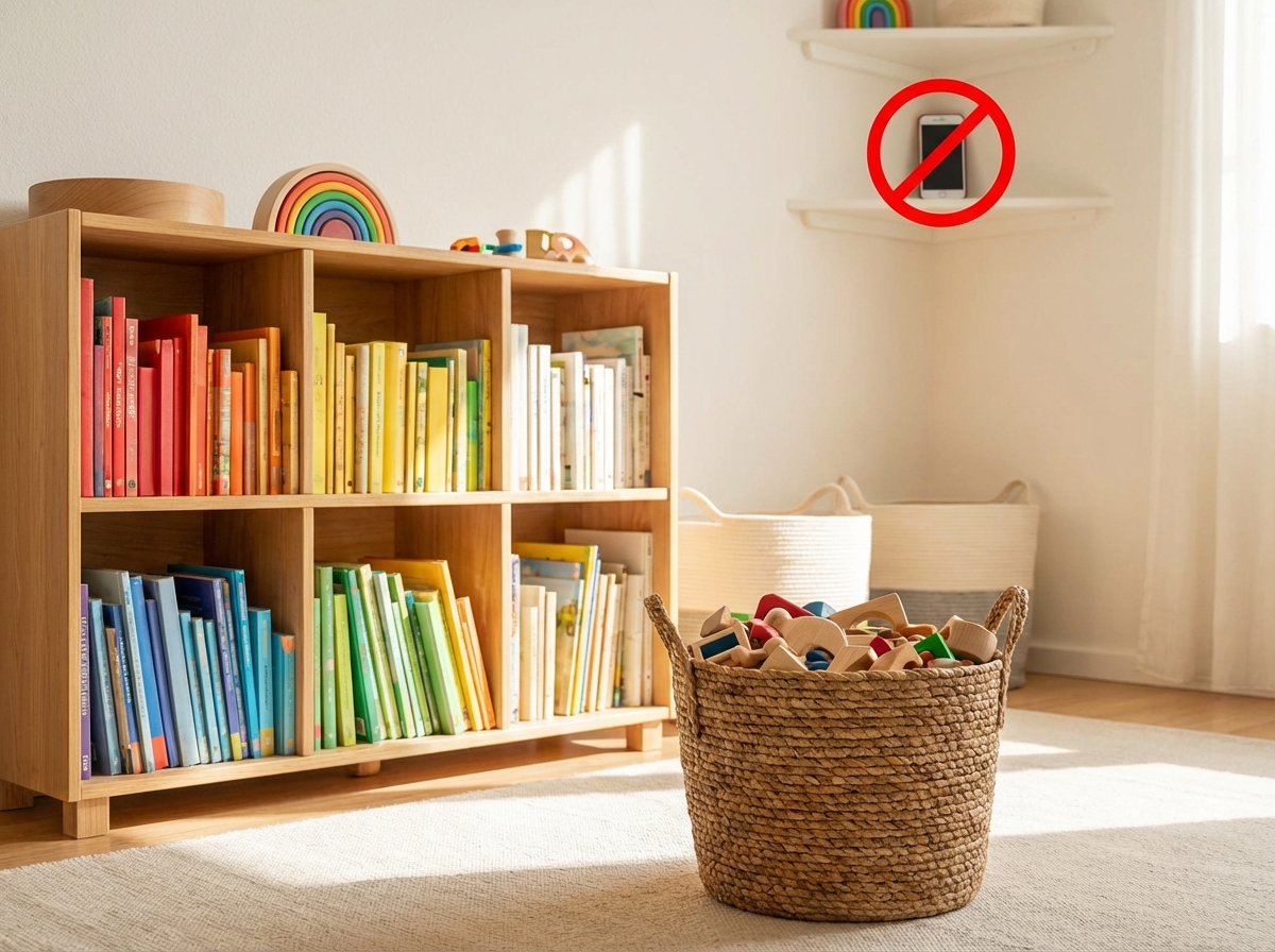 A tidy and bright children play room with a wooden bookshelf filled with books and a basket of wooden toys. A smartphone is placed far away on a high shelf with a red forbidden circle icon overlaid conceptually (no text). Clean, organized, warm lighting. 4:3