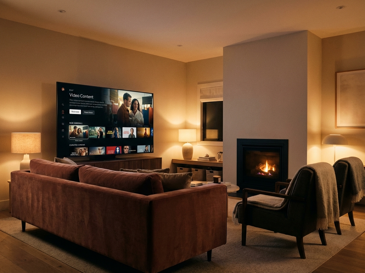 A modern living room with a large smart TV displaying a sleek video content interface, cozy atmosphere, warm lighting, cinematic photography, high resolution, 4:3