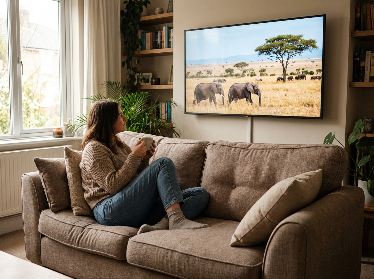 A person sitting on a comfortable sofa watching a high-quality documentary on a large flat-screen TV, natural daylight, lifestyle photography, realistic, 4:3