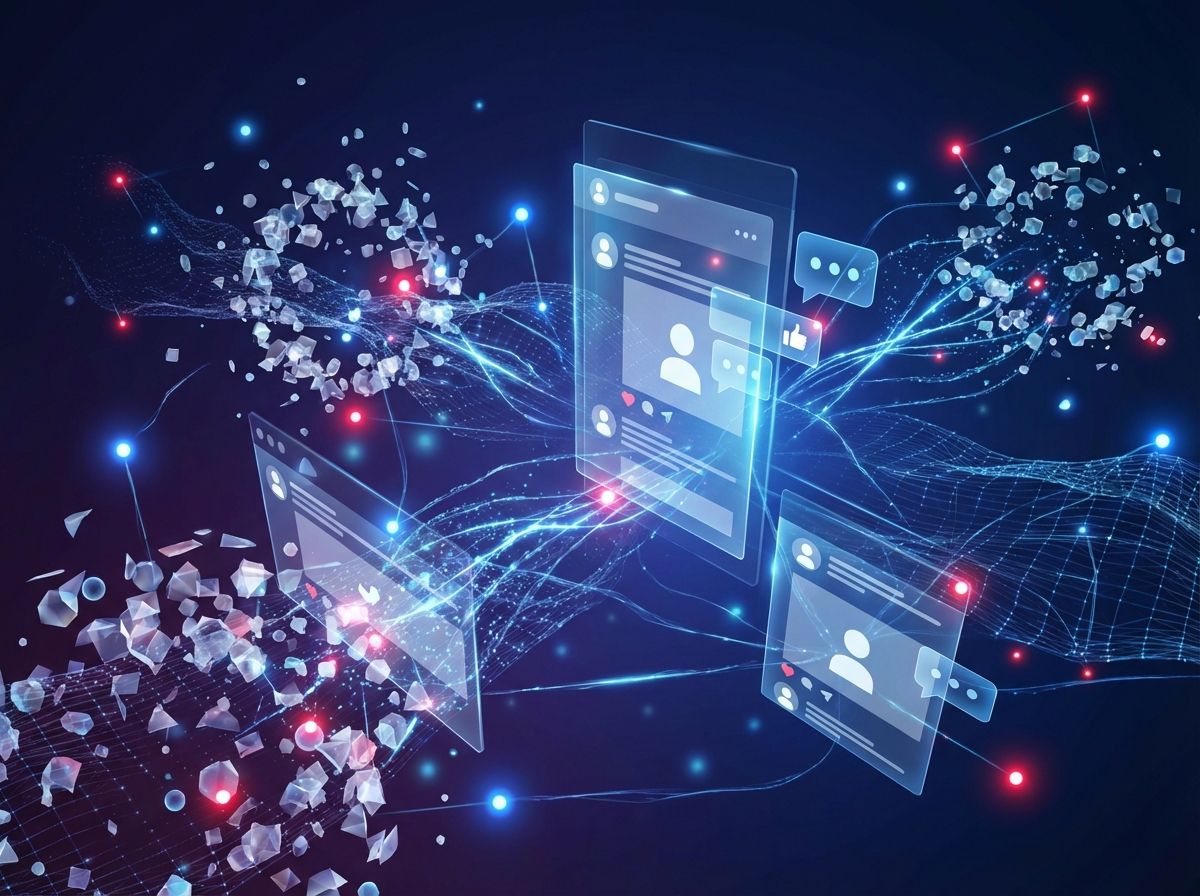 Digital visualization of a swarm of artificial intelligence agents interacting with social media interfaces, glowing blue and red nodes, futuristic networking, no text, 4:3
