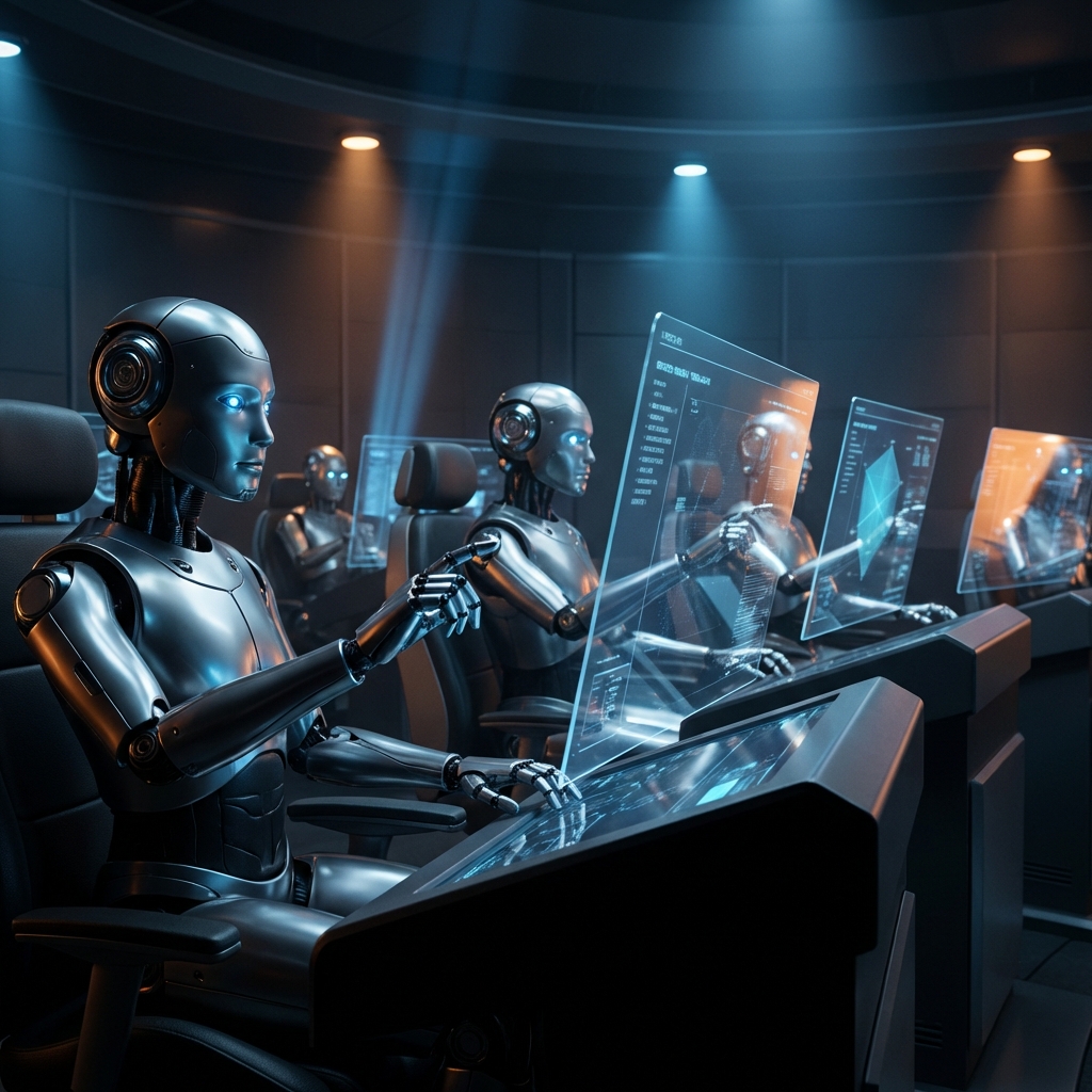 A group of sophisticated AI humanoid robots sitting in a dimly lit control room, operating holographic computer screens, cinematic lighting, no text, 1:1