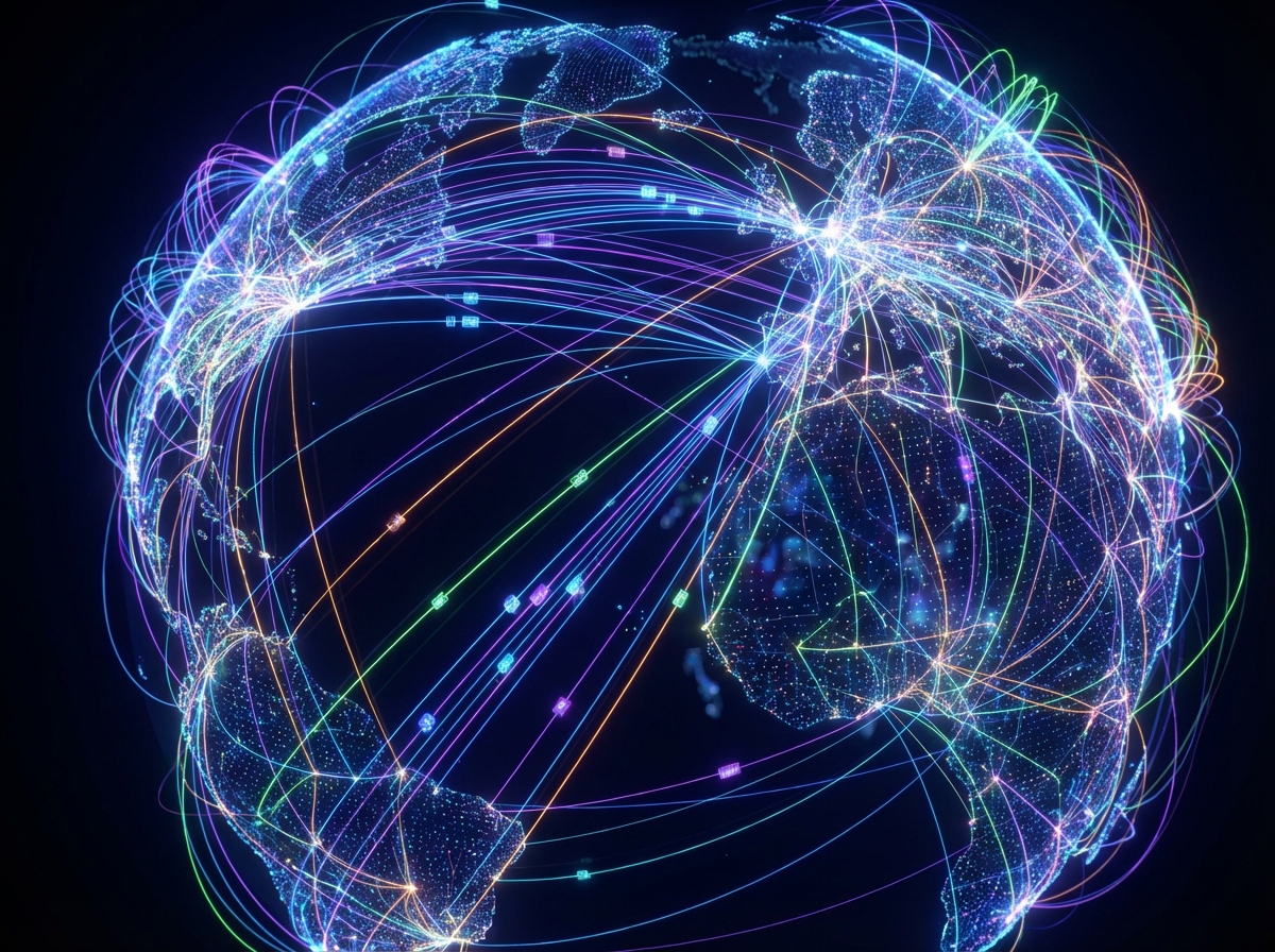 A complex web of digital connections representing information flow across a globe, abstract data visualization, dark background with neon light paths, no text, 4:3