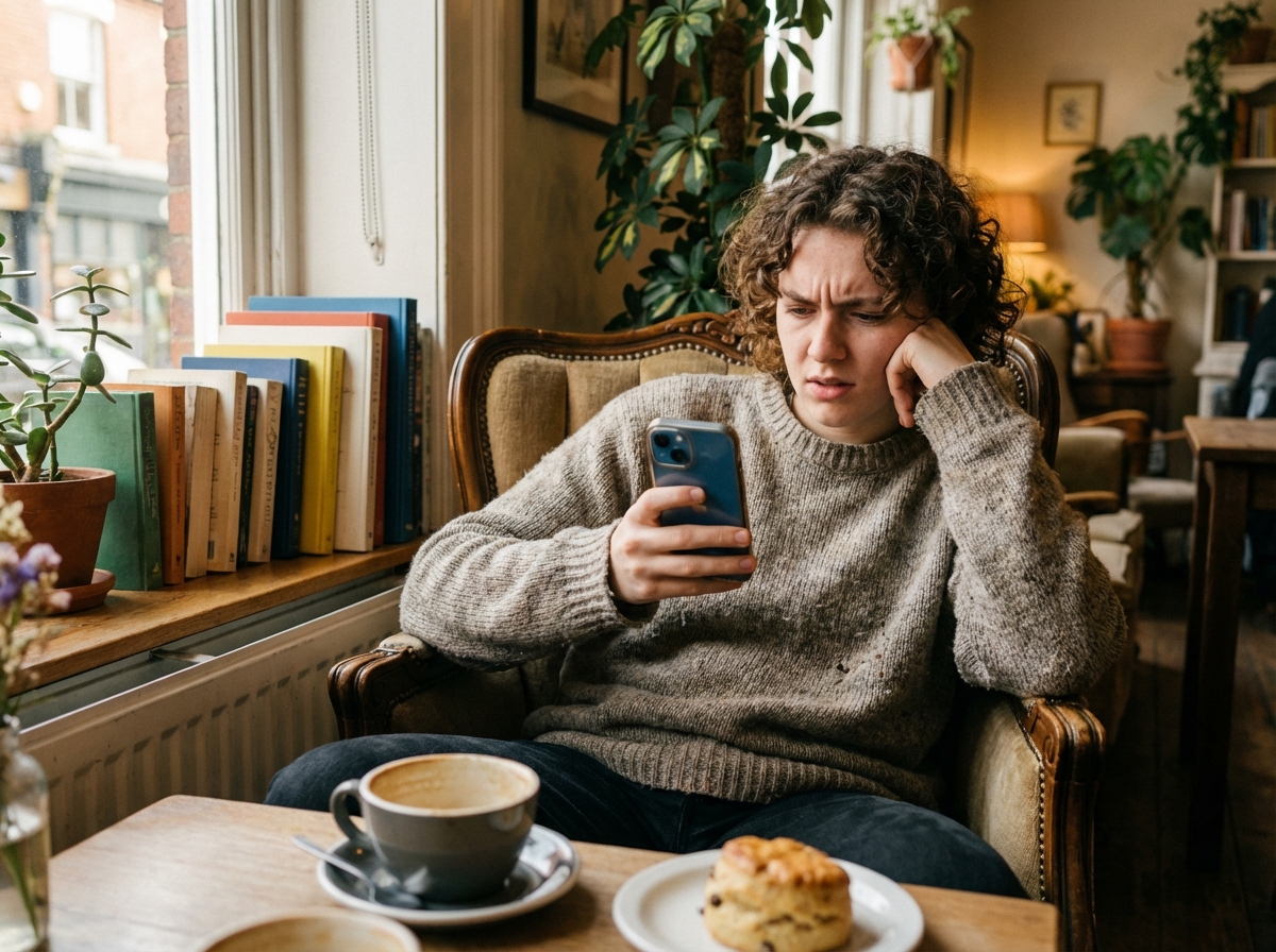A thoughtful young person looking at a smartphone with a confused expression in a cozy cafe setting, soft natural light, high quality photography, no text, 4:3