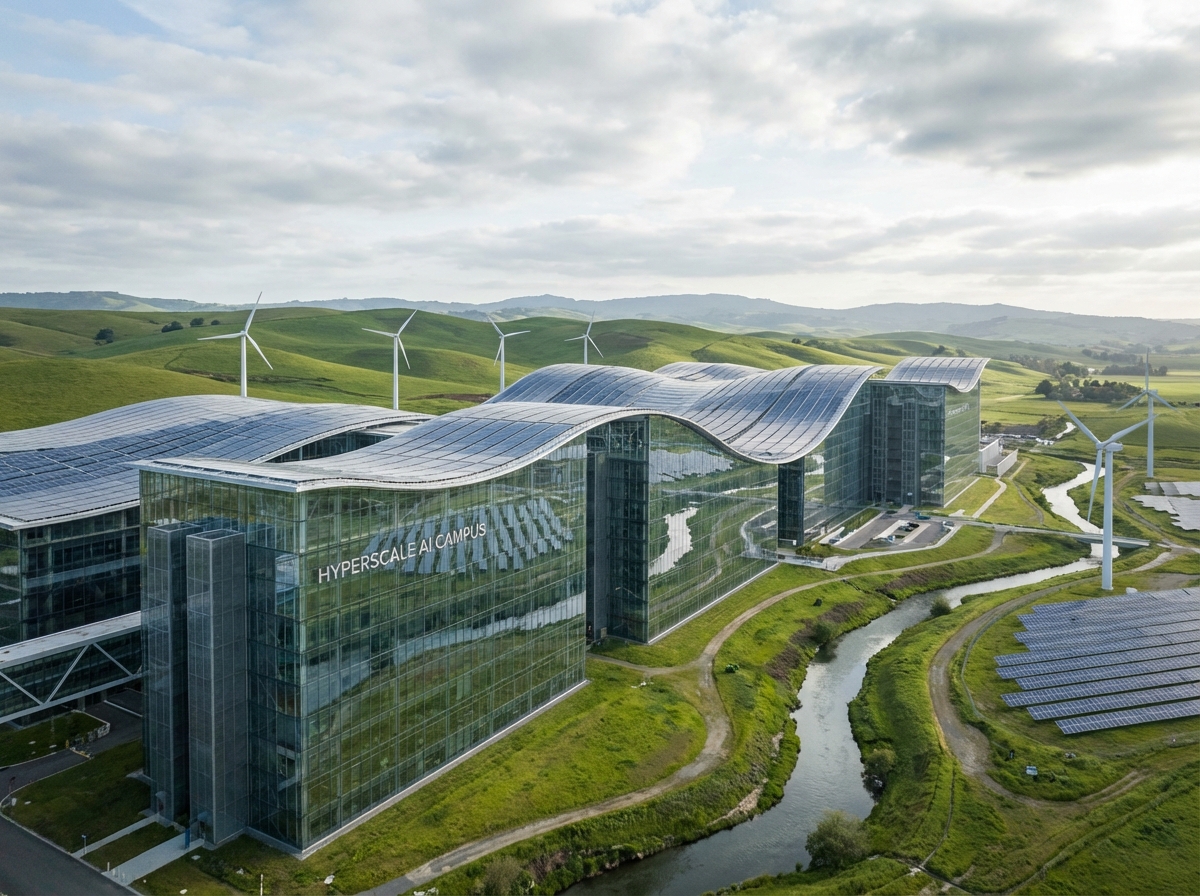 A futuristic hyperscale AI data center architectural visualization, located in a green landscape, modern glass and steel structure, sustainable energy elements like solar panels on the roof, soft daylight, high contrast, clean 4:3