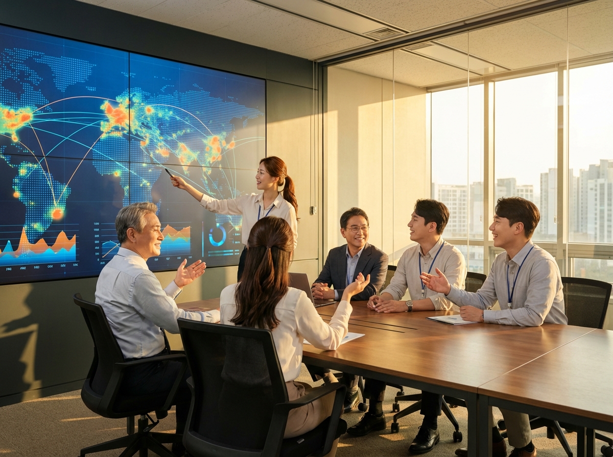 A group of Korean professionals sitting in a bright, contemporary conference room, looking at a wall-sized digital display with colorful data visualizations and connection maps. One person is pointing at the screen, and everyone looks engaged in a collaborative discussion. Photorealistic style, warm natural lighting. 4:3 aspect ratio.