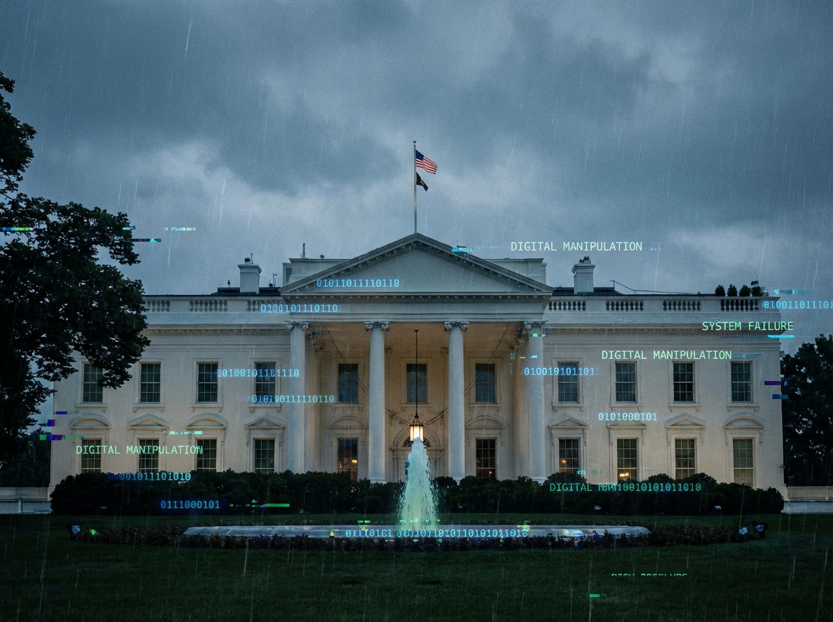 A cinematic shot of the White House building with subtle digital glitch effects and binary code overlays, representing digital manipulation in politics, high resolution, 4:3