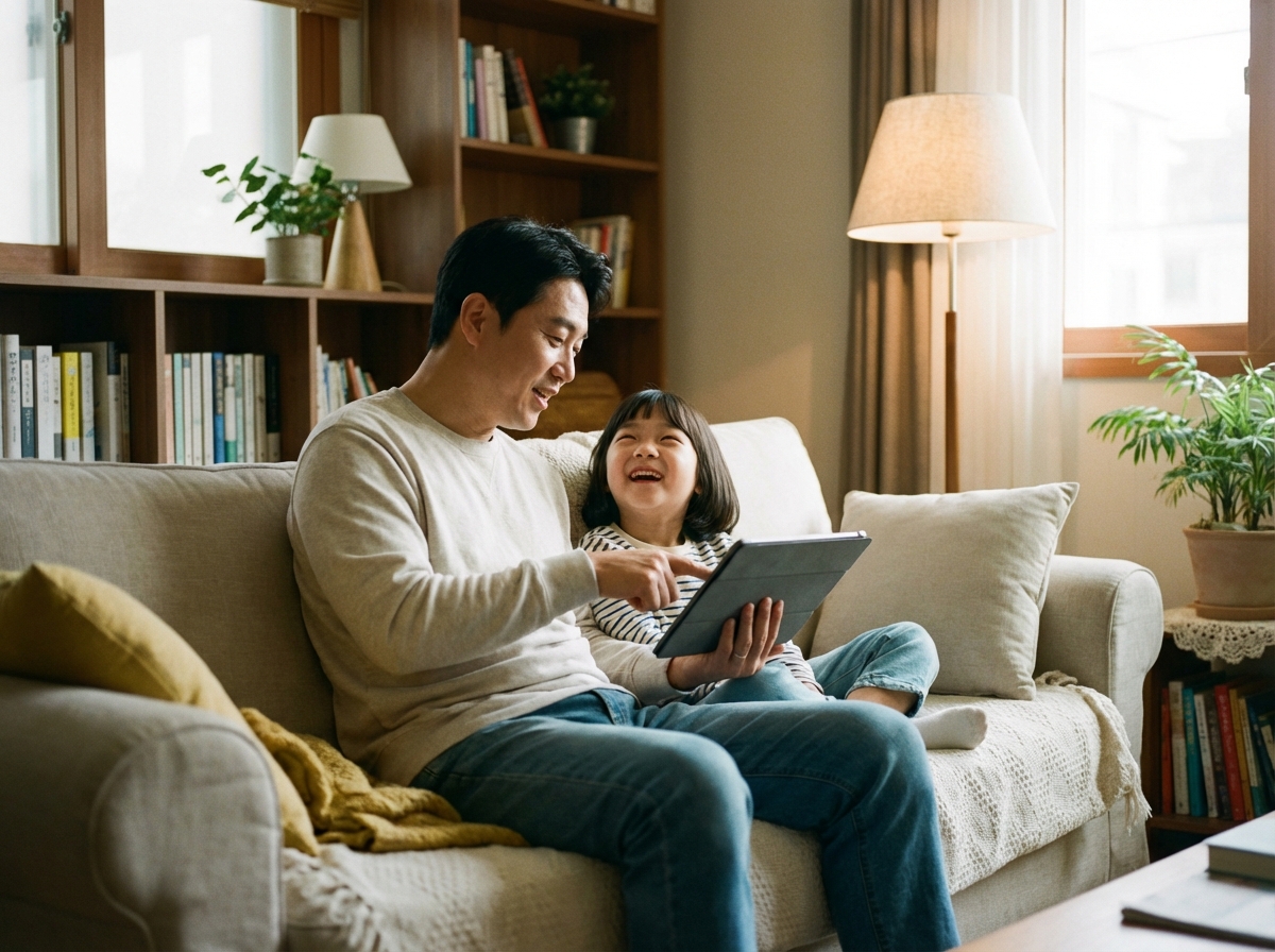 A Korean father in his 40s sitting on a sofa with his elementary school child, looking at a tablet together and discussing content, warm living room lighting, natural atmosphere, 4:3