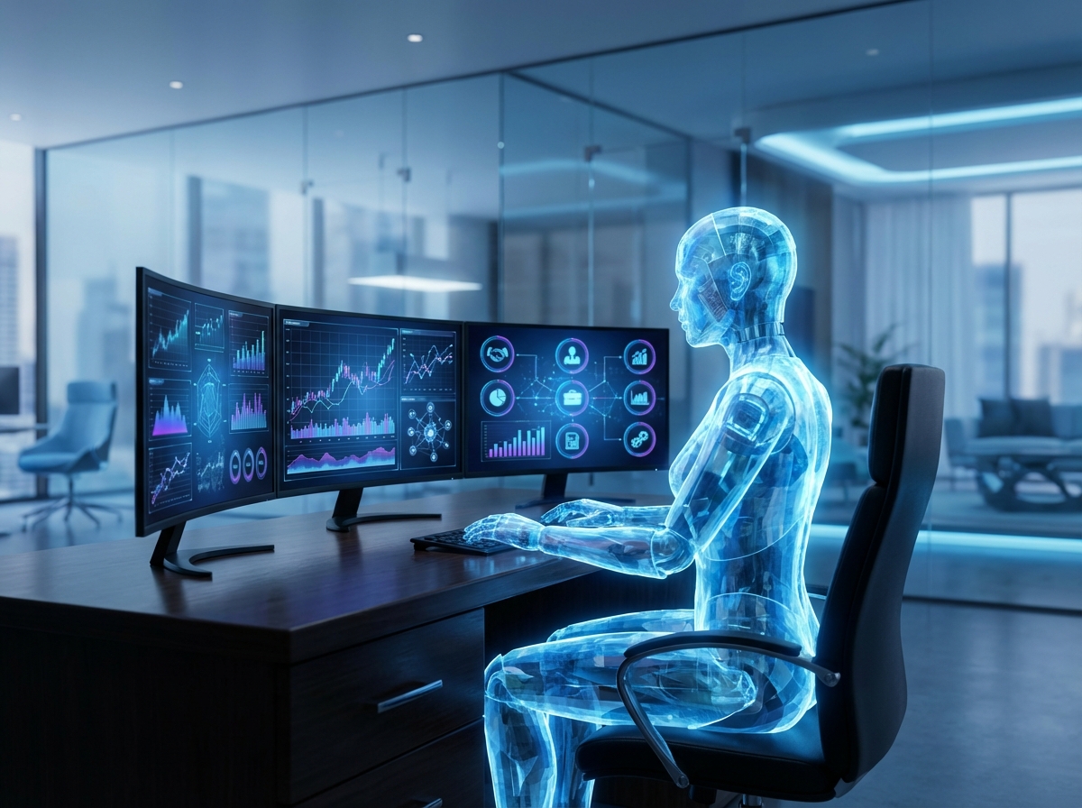A glowing translucent AI agent sitting at a professional office desk with multiple digital screens showing data charts and business icons. Modern office background with soft blue lighting, high quality digital art, 4:3 aspect ratio.